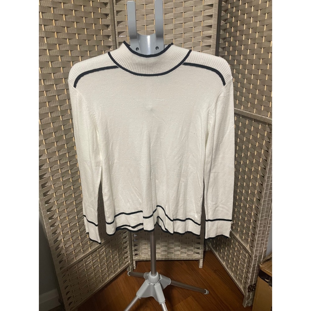 Retrology White Navy Blue Tipping Mock Neck Sweater Button Cuff Petite Large PL